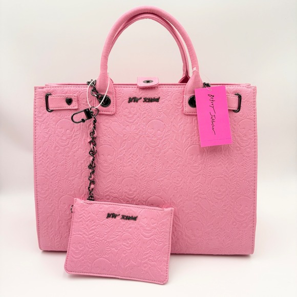 Betsey Johnson Handbags - Betsey Johnson Pink Embossed Skull Tote Bag with Detachable Pouch New
